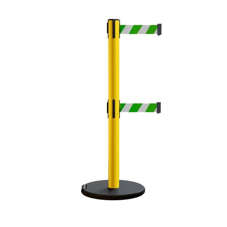 MONTOUR LINE Retractable Belt Dbl Rolling Stanchion, 2.5ft Yellow Post  9ft. Grn/Wh MSE630D-YW-GWD-90